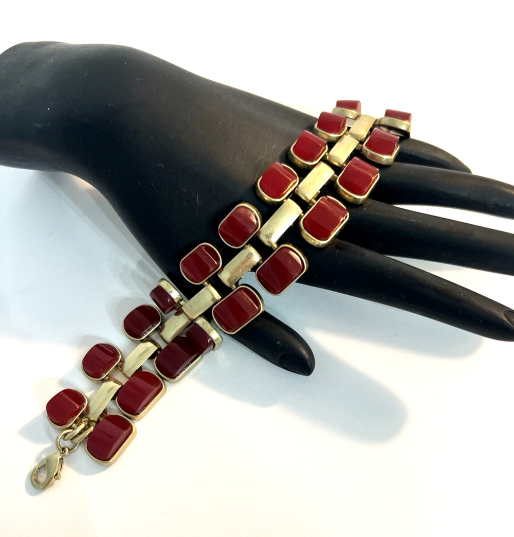 Vintage Red Thermoset Moonglow Acrylic Gold Tone Panel Link Bracelet